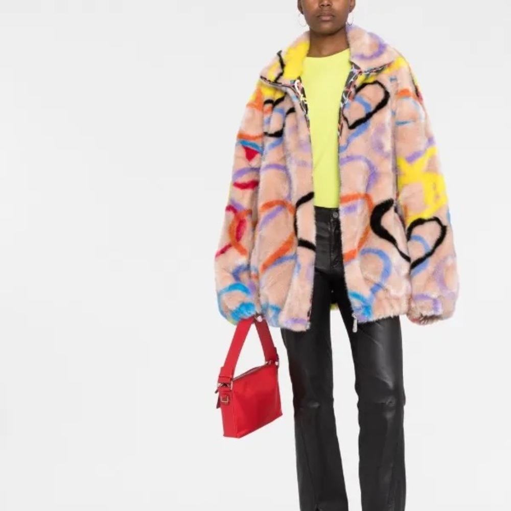 Philipp Plein Multicolor Heart-Print Faux-Fur High-Neck Coat - Picture 1 of 10